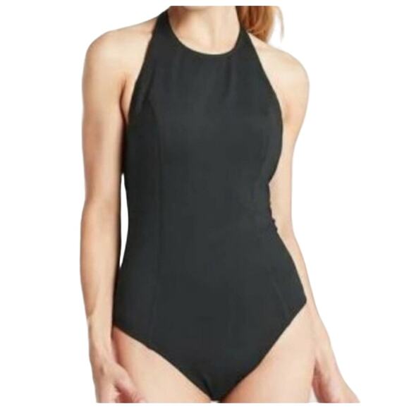 Athleta Black Offshore Paddle One-Piece High Neck Halter Swimsuit Medium - Picture 2 of 15